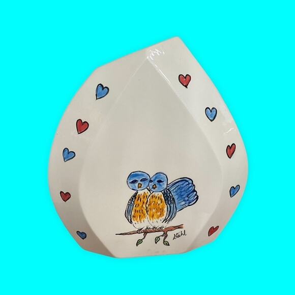 Vtg Bluebird Vase signed Stahl Ceramic White Vase Hand Decorated MCM - Picture 9 of 9